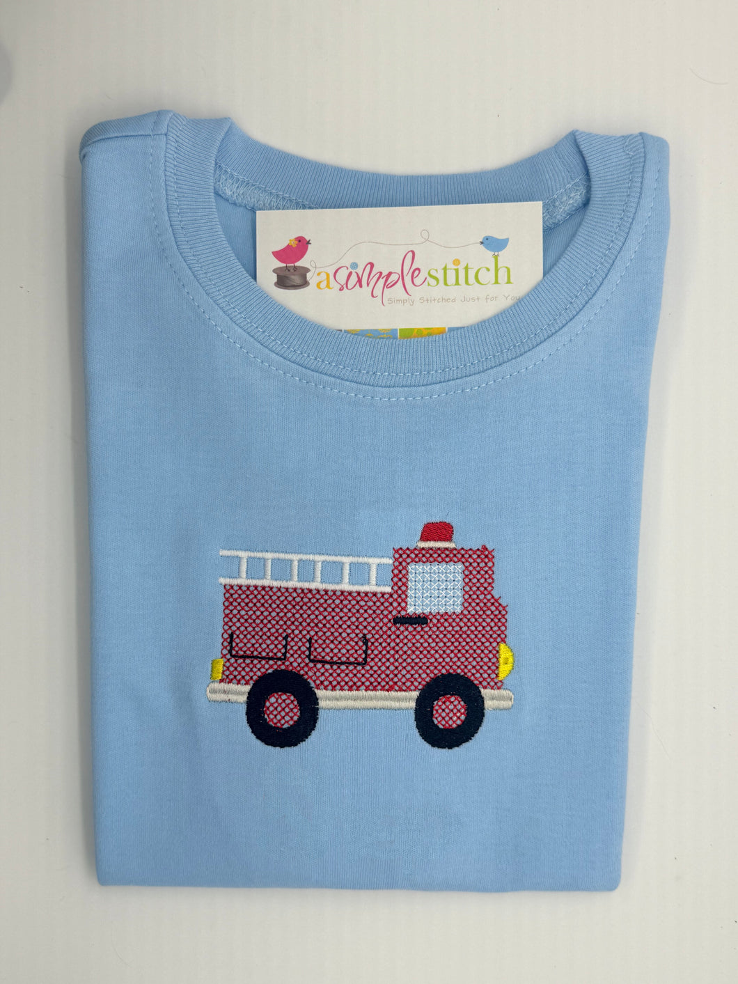 Cross Stitch Firetruck Embroidered Shirt